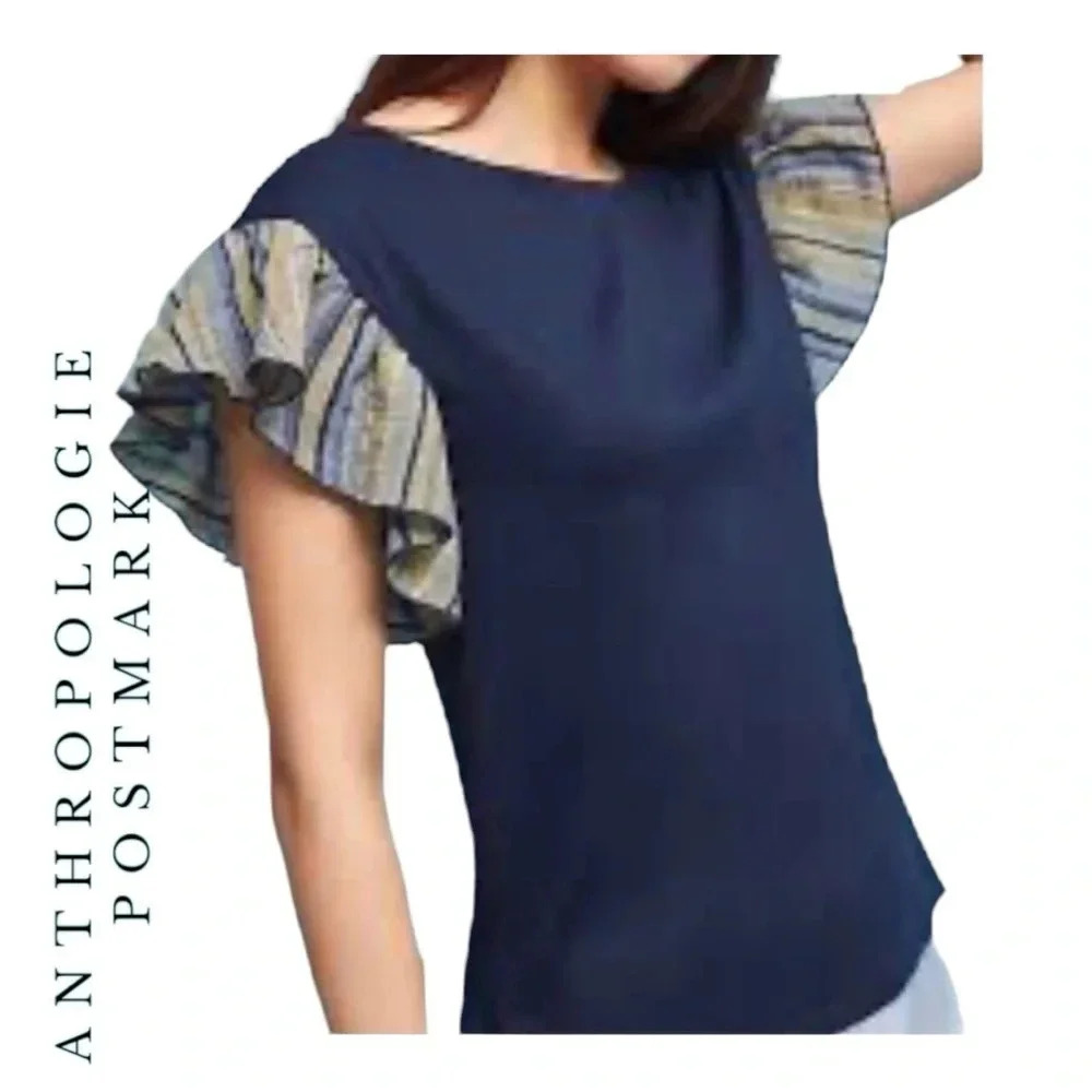 1868. ANTHROPOLOGIE POSTMARK BLUE SEAFARER TOP SIZE SMALL RUFFLE SLEEVE STRIPES